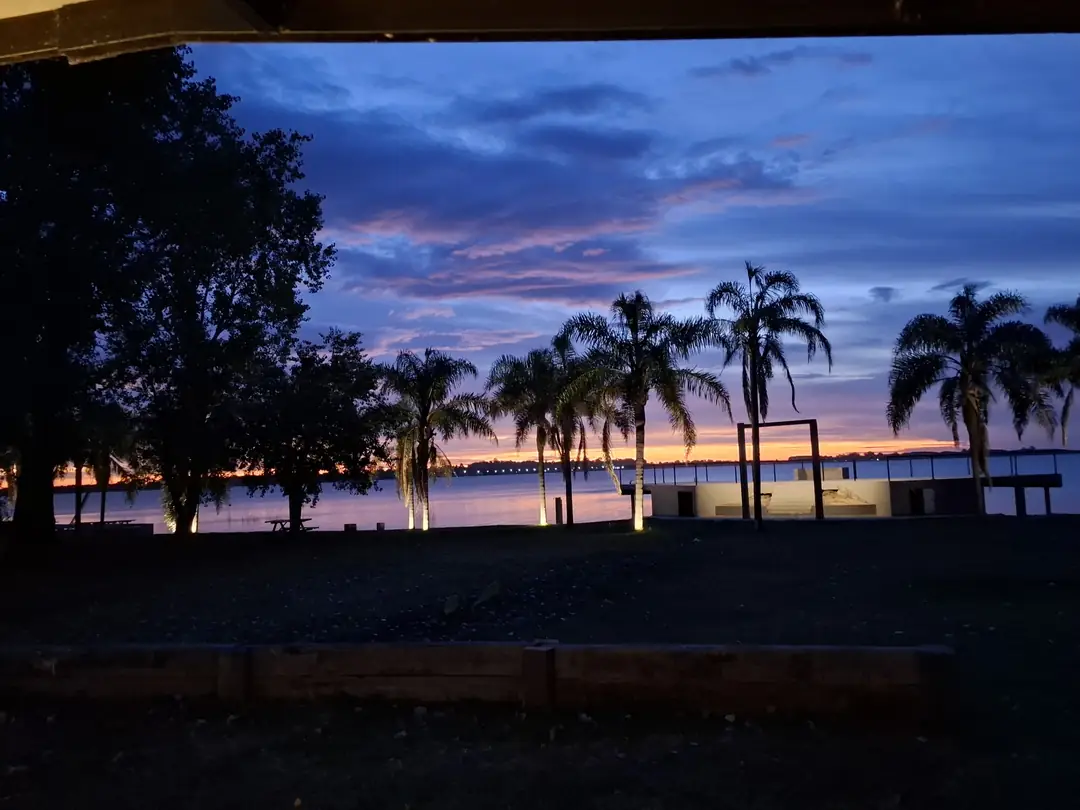 Palmeras recortadas contra el cielo violeta, sobre la orilla de la laguna.