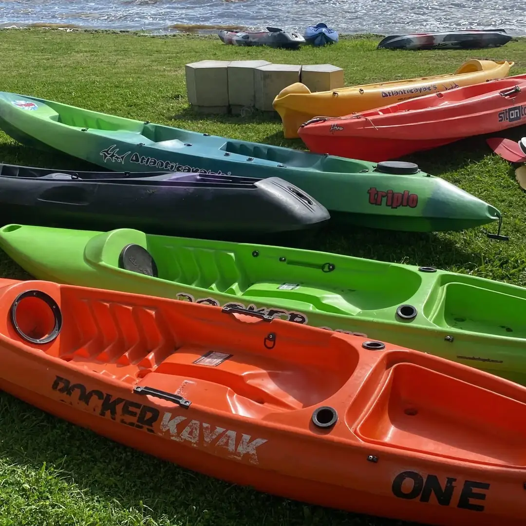Kayaks de colores sobre el pasto frente a la laguna.