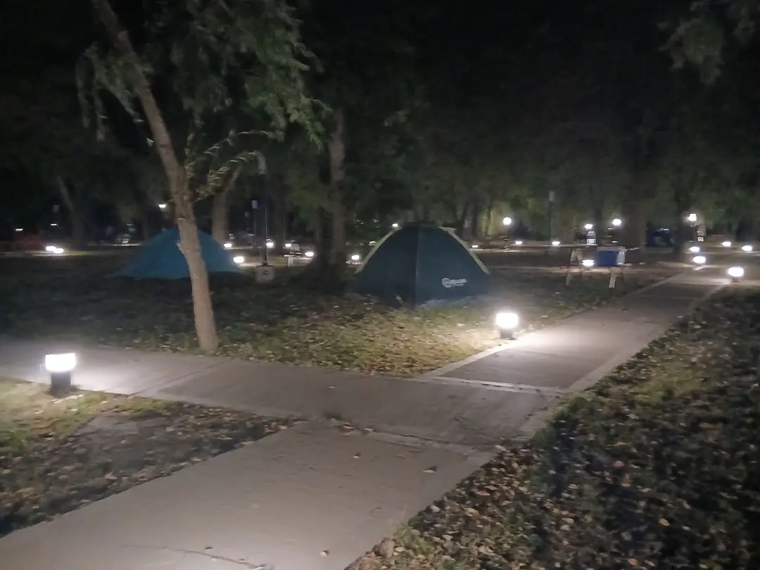 Carpas y senderos con luces bajas, de noche entre los árboles.